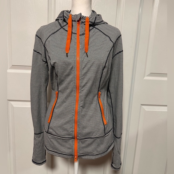 Zella Hooded Grey Stripe/Orange Zip*2Way Zipper Jacket size M - Picture 2 of 8